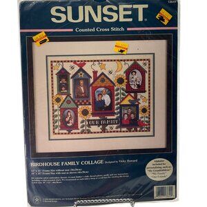 VTG 90's Sunset Counted Cross Stitch Kit Birdhouse Family Collage Vicky Howard